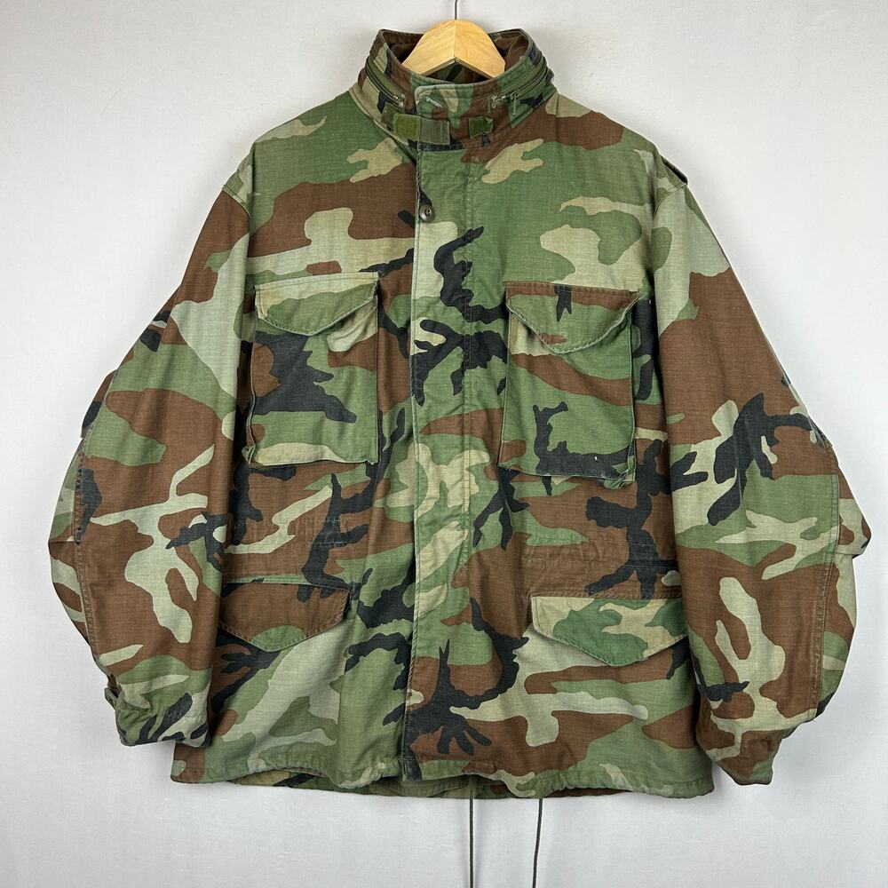Army M65 Cold Weather Field Coat Woodland Camo 80s DLA100-85-C-0560 Size L